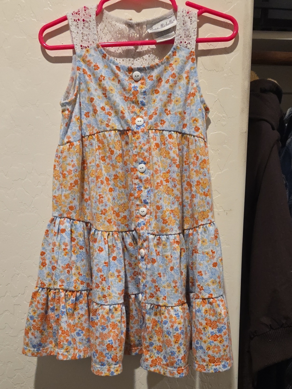 Jona Michelle Blue and Orange Floral Tiered Dress with Lace Shoulders